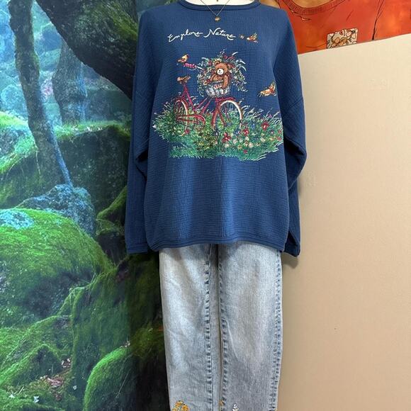 vintage teddy bear nature sweatshirt cottagecore embroidered chic m/l - Picture 3 of 5